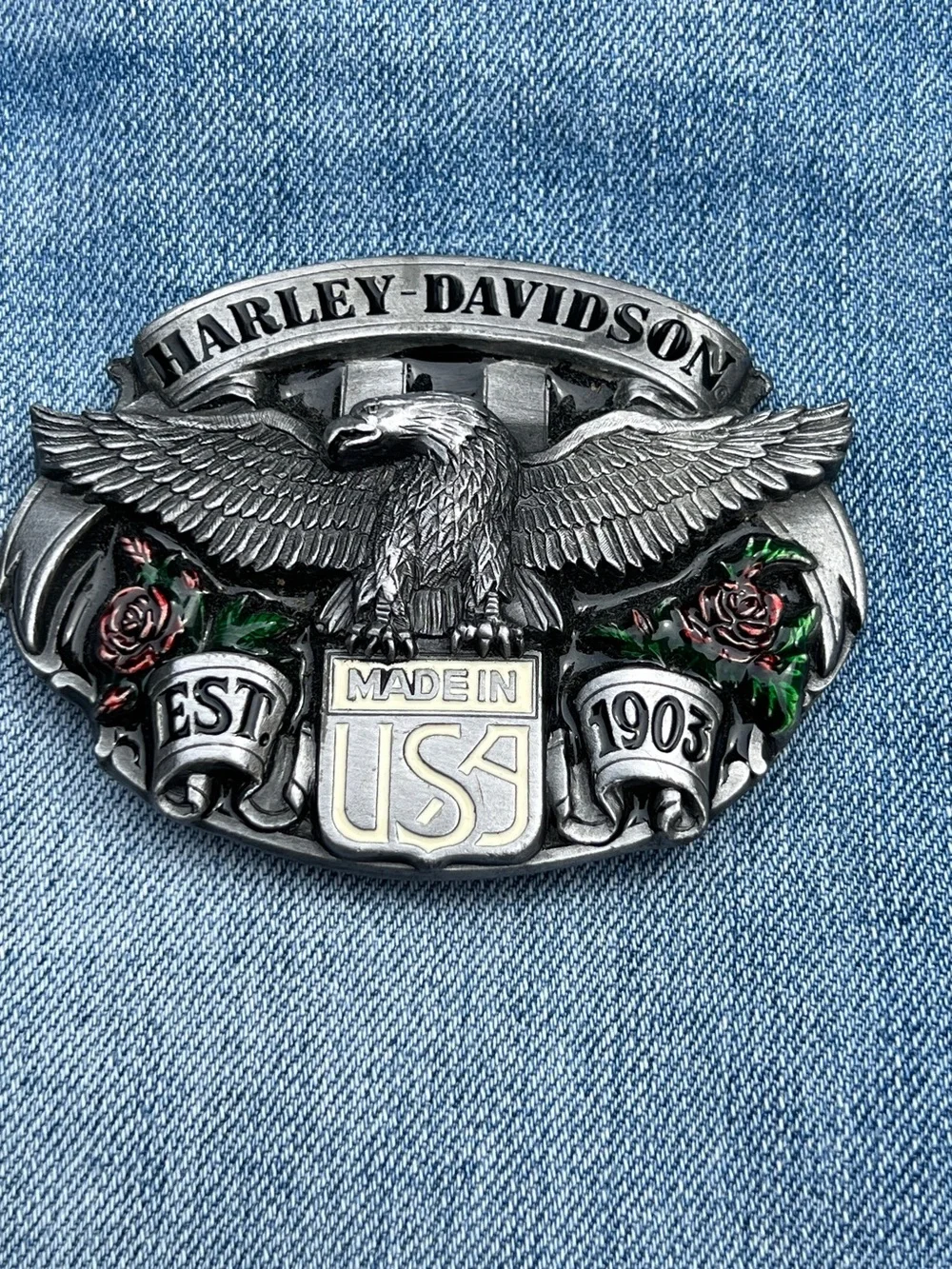 Vintage 80’s Harley-Davidson Silver Eagle Belt Buckle with Red Rose Accents